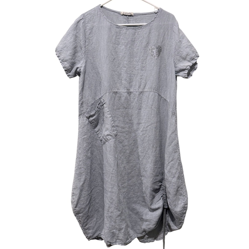 Liabella Women Blue 100% Linen Midi Dress One Size Lagenlook Coastal Boho Pocket